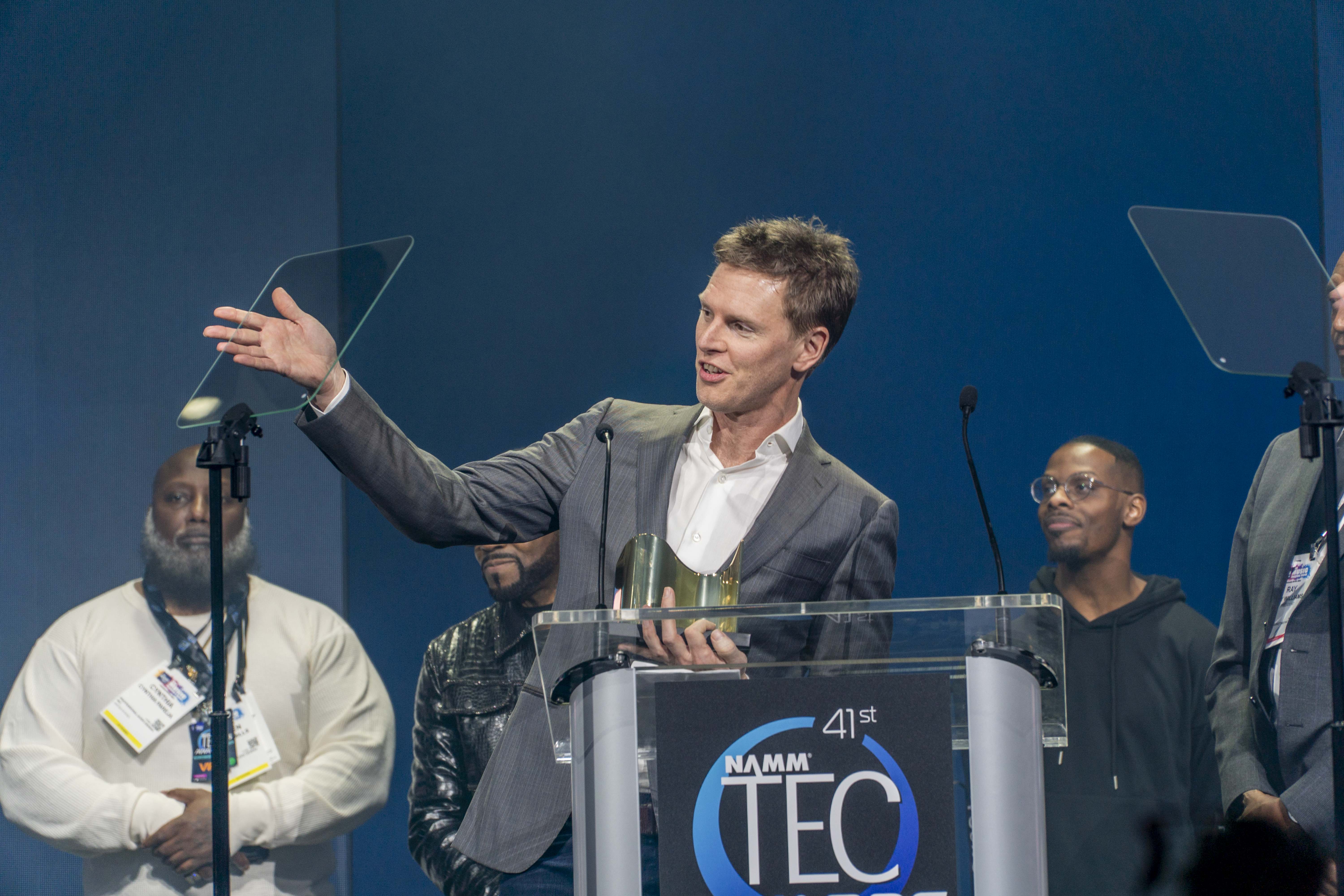 Acceptance moment on stage during a TEC Awards presentation